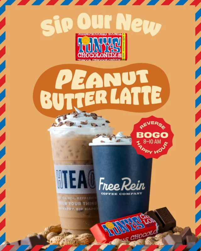 Say hello to our latest obsession: Tony's Chocolonely Peanut Butter Latte! 🍫🥜✨

Think fresh-baked peanut butter cookie, but make it a caffeinated sipper sprinkled with world-famous Tony’s
Chocolonely milk chocolate shavings to sweeten the deal! 🤤

AND to top it off, we’re celebrating with a Reverse BOGO Happy Hour on all coffee from 8–10 am, today only!

 
*Only available at select stores. BOGO coffee promotion available 10/1 from 8:00 am to 10:00 am local time, in-store and drive-thru only. Not available online through third-party online ordering or the HTeaO app.
